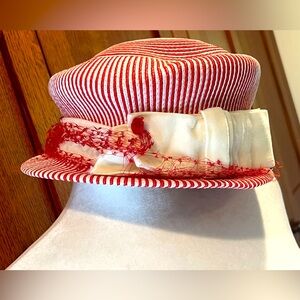 Vintage Junior B Striped Hat Red White ♥️ Bowler Velvet Ribbon Red Fishnet